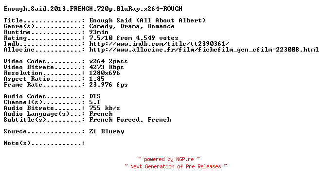 NFO for the release Enough.Said.2013.FRENCH.720p.BluRay.x264-ROUGH by ROUGH