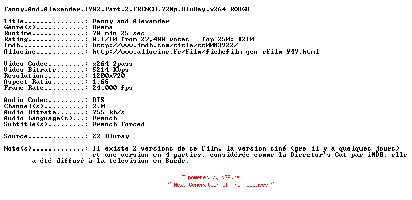 NFO for the release Fanny.And.Alexander.1982.Part.2.FRENCH.720p.BluRay.x264-ROUGH by ROUGH