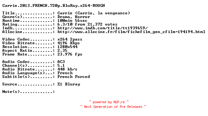 NFO for the release Carrie.2013.FRENCH.720p.BluRay.x264-ROUGH by ROUGH