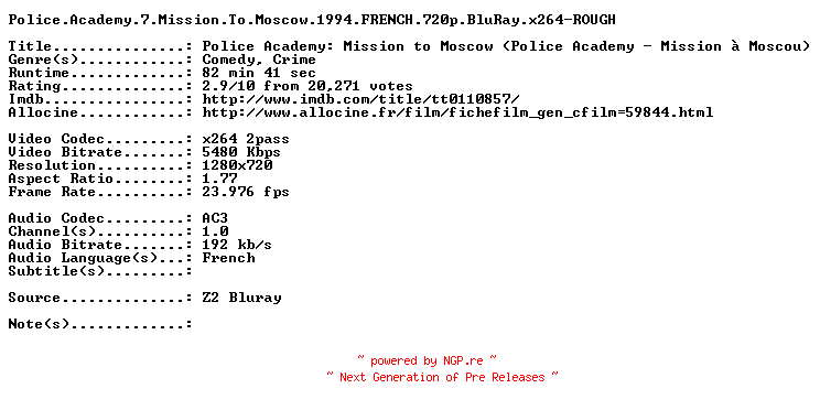 NFO for the release Police.Academy.7.Mission.To.Moscow.1994.FRENCH.720p.BluRay.x264-ROUGH by ROUGH