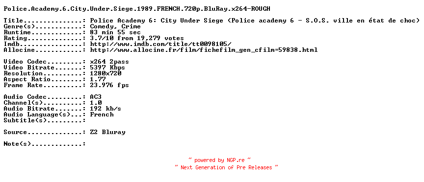 NFO for the release Police.Academy.6.City.Under.Siege.1989.FRENCH.720p.BluRay.x264-ROUGH by ROUGH