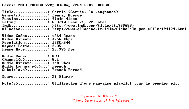 NFO for the release Carrie.2013.FRENCH.720p.BluRay.x264.RERiP-ROUGH by ROUGH