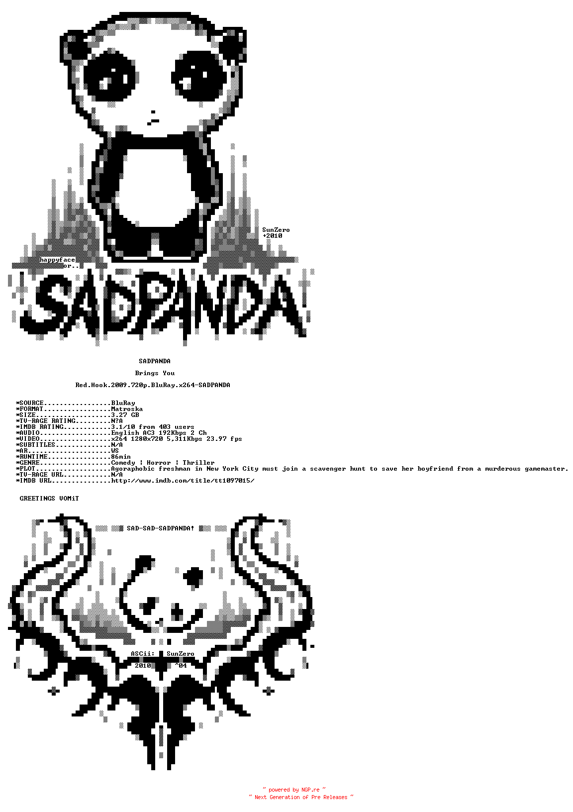 NFO for the release Red.Hook.2009.720p.BluRay.x264-SADPANDA by SADPANDA