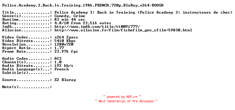 NFO for the release Police.Academy.3.Back.In.Training.1986.FRENCH.720p.BluRay.x264-ROUGH by ROUGH