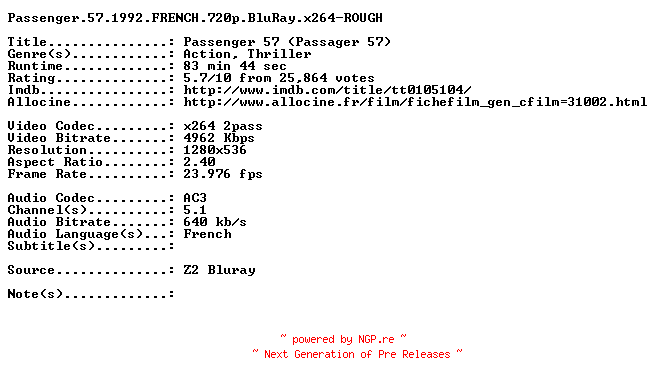 NFO for the release Passenger.57.1992.FRENCH.720p.BluRay.x264-ROUGH by ROUGH