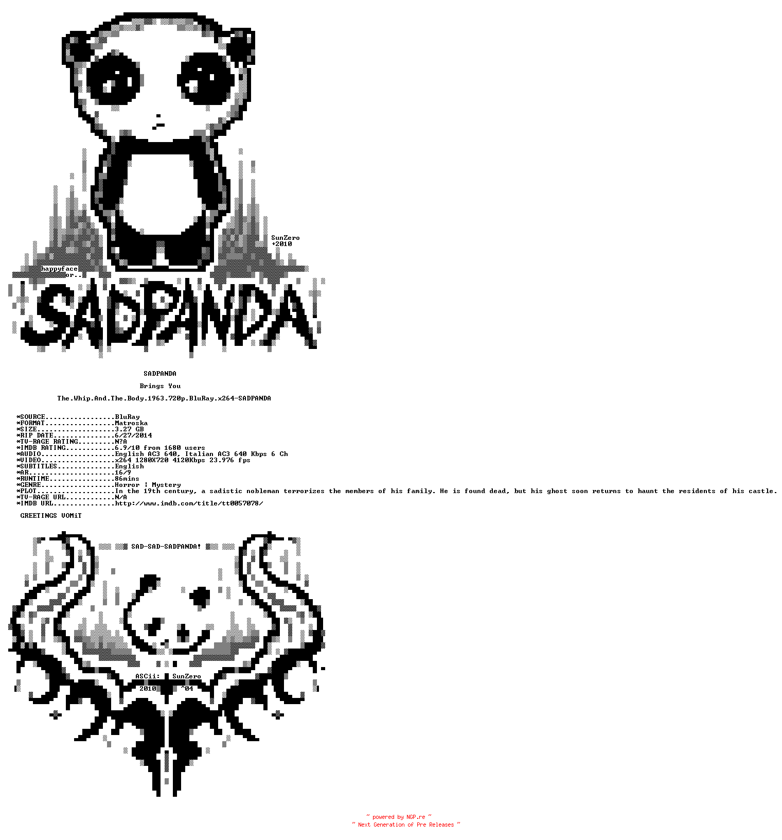 NFO for the release The.Whip.And.The.Body.1963.720p.BluRay.x264-SADPANDA by SADPANDA