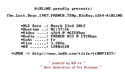 NFO for the release The.Lost.Boys.1987.FRENCH.720p.BluRay.x264-AiRLiNE by AiRLiNE