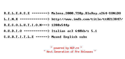 NFO for the release Malena.2000.720p.BluRay.x264-SONiDO by SONiDO