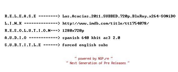 NFO for the release Las.Acacias.2011.SUBBED.720p.BluRay.x264-SONiDO by SONiDO