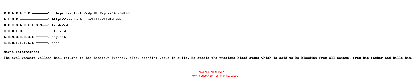 NFO for the release Subspecies.1991.720p.BluRay.x264-SONiDO by SONiDO