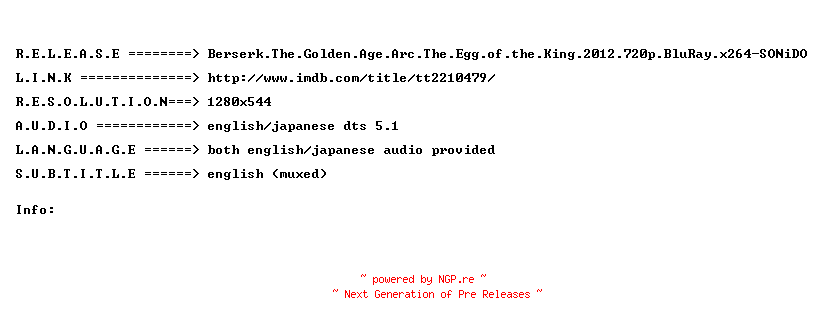 NFO for the release Berserk.The.Golden.Age.Arc.The.Egg.of.the.King.2012.720p.BluRay.x264-SONiDO by SONiDO