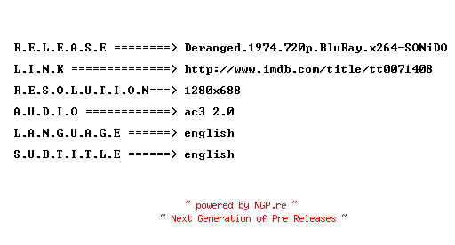 NFO for the release Deranged.1974.720p.BluRay.x264-SONiDO by SONiDO