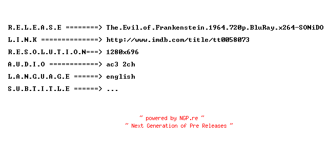 NFO for the release The.Evil.of.Frankenstein.1964.720p.BluRay.x264-SONiDO by SONiDO