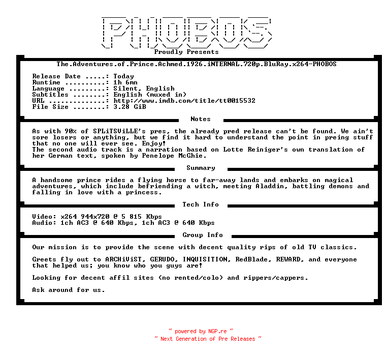 NFO for the release The.Adventures.of.Prince.Achmed.1926.iNTERNAL.720p.BluRay.x264-PHOBOS by PHOBOS