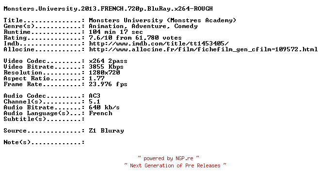 NFO for the release Monsters.University.2013.FRENCH.720p.BluRay.x264-ROUGH by ROUGH