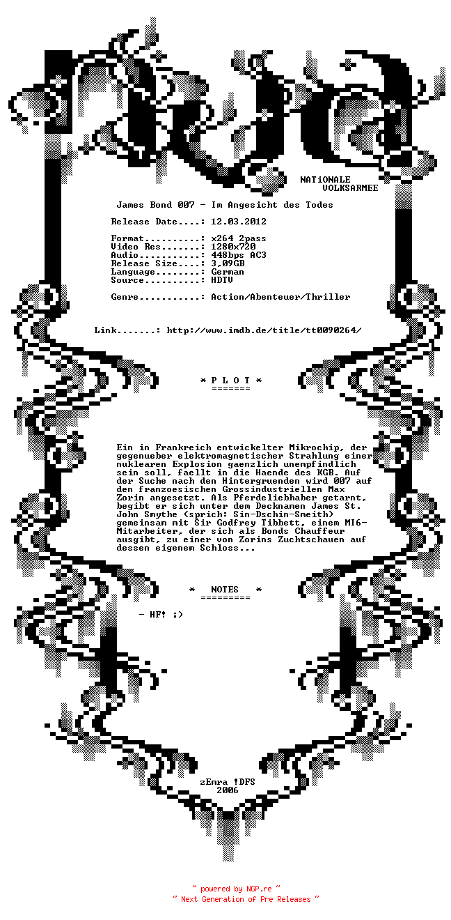 NFO for the release James.Bond.007.Im.Angesicht.des.Todes.1985.German.720p.BluRay.x264-DETAiLS by DETAiLS