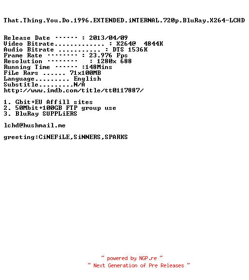 NFO for the release That.Thing.You.Do.1996.EXTENDED.iNTERNAL.720p.BluRay.X264-LCHD by LCHD