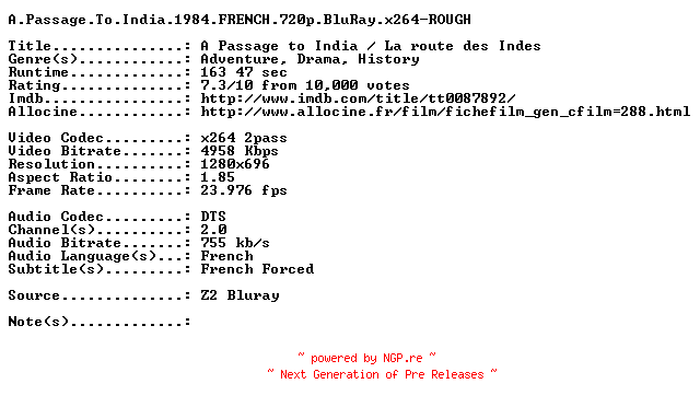 NFO for the release A.Passage.To.India.1984.FRENCH.720p.BluRay.x264-ROUGH by ROUGH