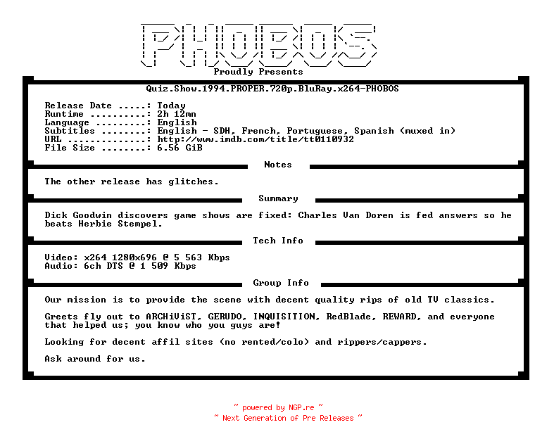 NFO for the release Quiz.Show.1994.PROPER.720p.BluRay.x264-PHOBOS by PHOBOS