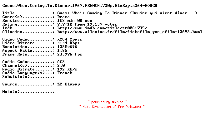 NFO for the release Guess.Whos.Coming.To.Dinner.1967.FRENCH.720p.BluRay.x264-ROUGH by ROUGH