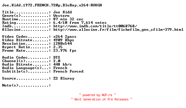 NFO for the release Joe.Kidd.1972.FRENCH.720p.BluRay.x264-ROUGH by ROUGH
