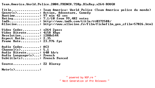NFO for the release Team.America.World.Police.2004.FRENCH.720p.BluRay.x264-ROUGH by ROUGH