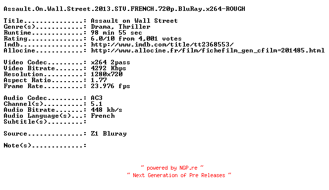 NFO for the release Assault.On.Wall.Street.2013.STV.FRENCH.720p.BluRay.x264-ROUGH by ROUGH