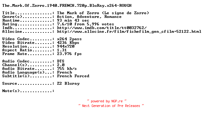 NFO for the release The.Mark.Of.Zorro.1940.FRENCH.720p.BluRay.x264-ROUGH by ROUGH