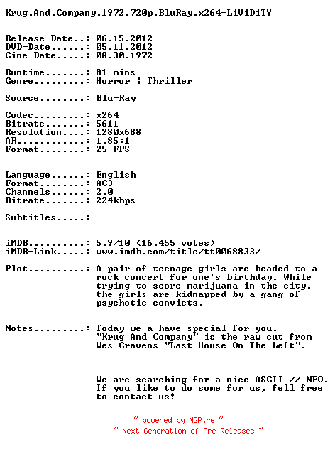 NFO for the release Krug.And.Company.1972.720p.BluRay.x264-LiViDiTY by LiViDiTY