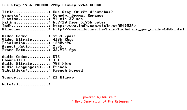 NFO for the release Bus.Stop.1956.FRENCH.720p.BluRay.x264-ROUGH by ROUGH