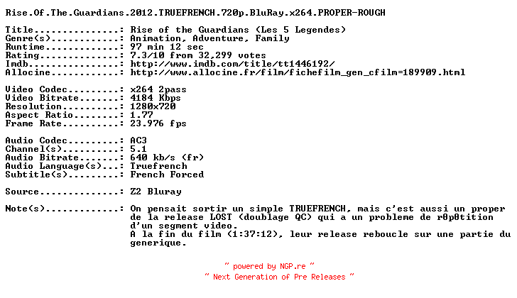 NFO for the release Rise.Of.The.Guardians.2012.TRUEFRENCH.720p.BluRay.x264.PROPER-ROUGH by ROUGH