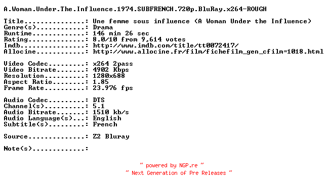 NFO for the release A.Woman.Under.The.Influence.1974.SUBFRENCH.720p.BluRay.x264-ROUGH by ROUGH