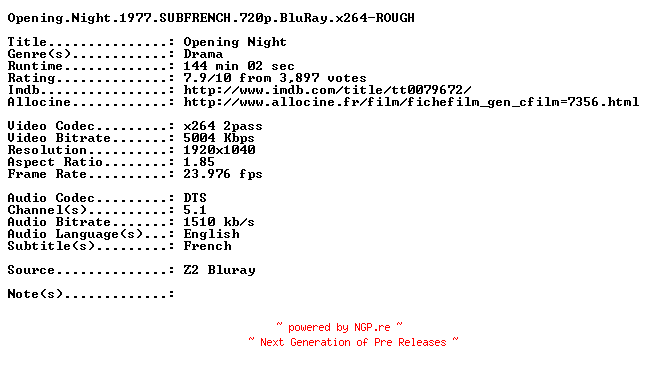 NFO for the release Opening.Night.1977.SUBFRENCH.720p.BluRay.x264-ROUGH by ROUGH