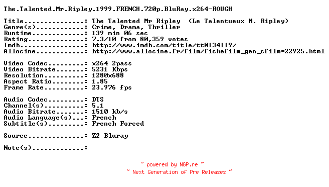 NFO for the release The.Talented.Mr.Ripley.1999.FRENCH.720p.BluRay.x264-ROUGH by ROUGH