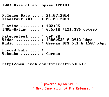 NFO for the release 300.Rise.of.an.Empire.German.720p.BluRay.x264-EXQUiSiTE by EXQUiSiTE