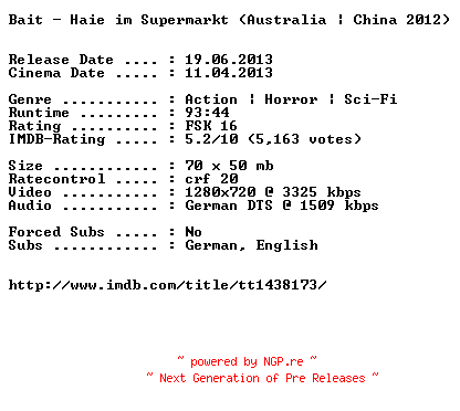 NFO for the release Bait.Haie.im.Supermarkt.2012.German.720p.BluRay.x264-EXQUiSiTE by EXQUiSiTE
