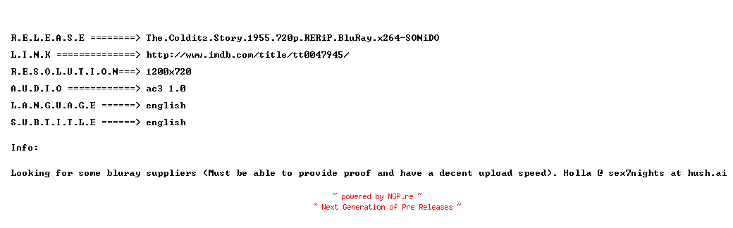 NFO for the release The.Colditz.Story.1955.720p.RERiP.BluRay.x264-SONiDO by SONiDO