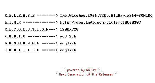 NFO for the release The.Witches.1966.720p.BluRay.x264-SONiDO by SONiDO