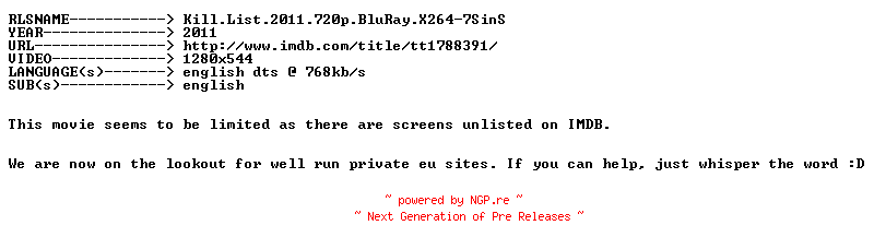 NFO for the release Kill.List.2011.720p.BluRay.X264-7SinS by 7SinS