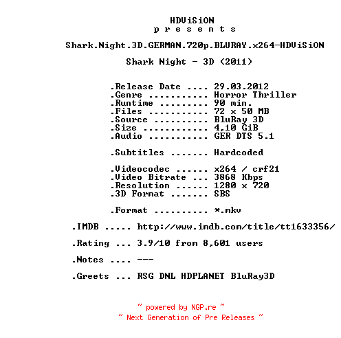 NFO for the release Shark.Night.3D.GERMAN.720p.BLURAY.x264-HDViSiON by HDViSiON