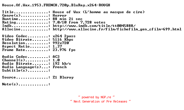 NFO for the release House.Of.Wax.1953.FRENCH.720p.BluRay.x264-ROUGH by ROUGH