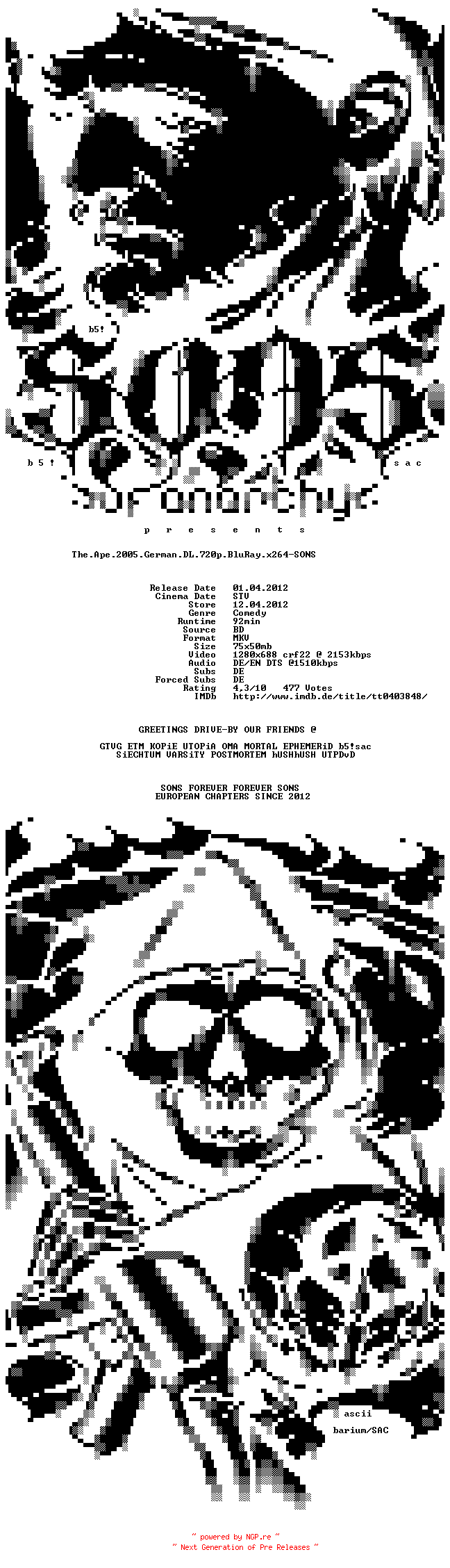 NFO for the release The.Ape.2005.German.DL.720p.BluRay.x264-SONS by SONS