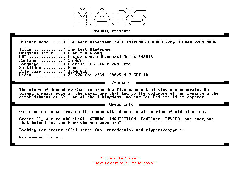 NFO for the release The.Lost.Bladesman.2011.iNTERNAL.SUBBED.720p.BluRay.x264-MARS by MARS