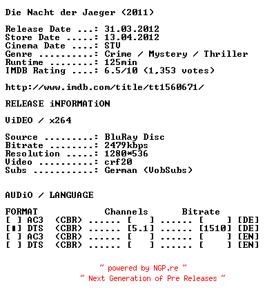 NFO for the release Die.Nacht.der.Jaeger.2011.German.720p.BluRay.x264-OBLiGATED by OBLiGATED