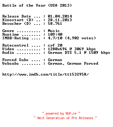 NFO for the release Battle.of.the.Year.German.720p.BluRay.x264-EXQUiSiTE by EXQUiSiTE