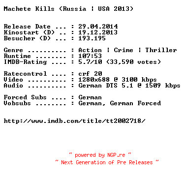 NFO for the release Machete.Kills.German.720p.BluRay.x264-EXQUiSiTE by EXQUiSiTE