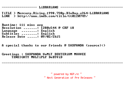 NFO for the release Mercury.Rising.1998.720p.BluRay.x264-LiBRARiANS by LiBRARiANS