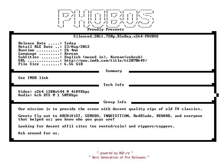 NFO for the release Silenced.2011.720p.BluRay.x264-PHOBOS by PHOBOS