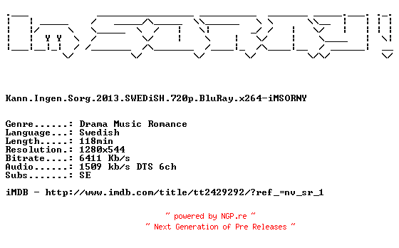NFO for the release Kann.Ingen.Sorg.2013.SWEDiSH.720p.BluRay.x264-iMSORNY by iMSORNY