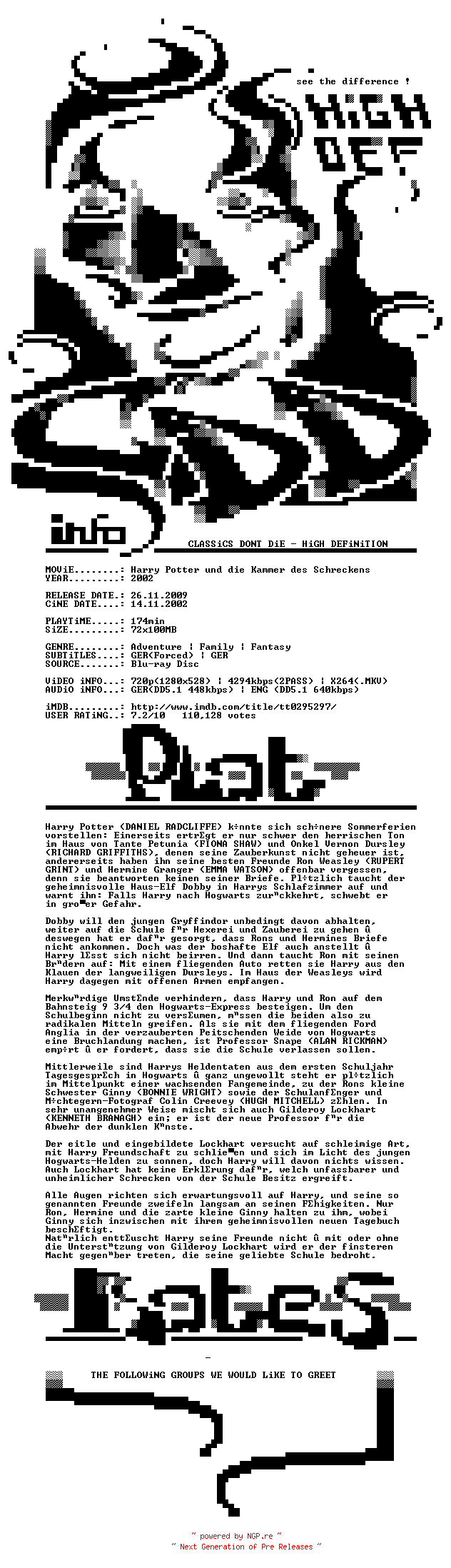 NFO for the release Harry.Potter.und.die.Kammer.des.Schreckens.Extended.Version.2002.German.720p.BluRay.x264-CDD by CDD